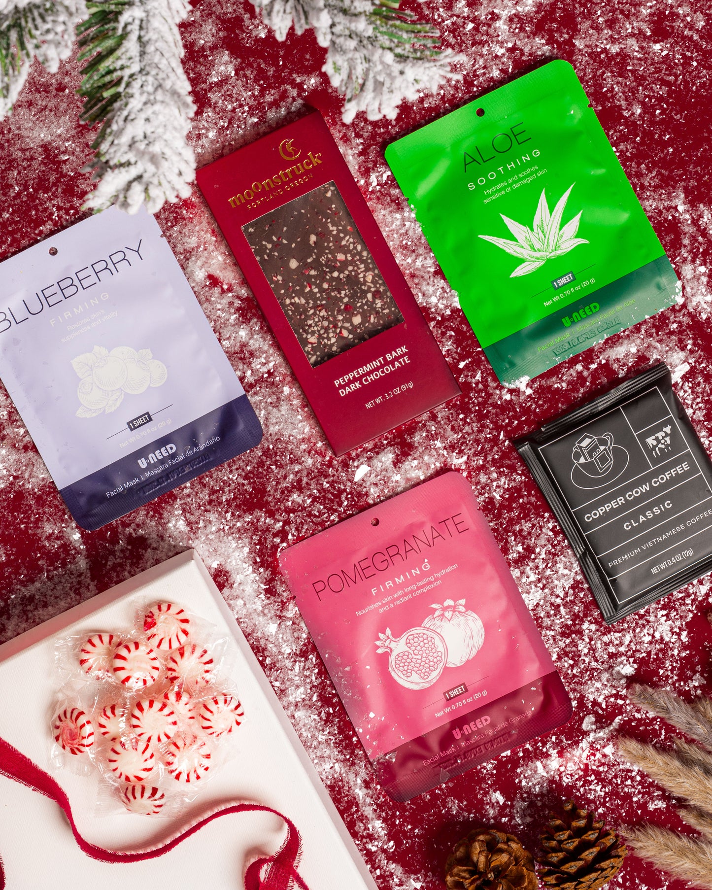 Happy Holiday Bundle (Chocolate Peppermint Bark Bar, 3 Spa Face Masks, Pour over coffee, Peppermints)
