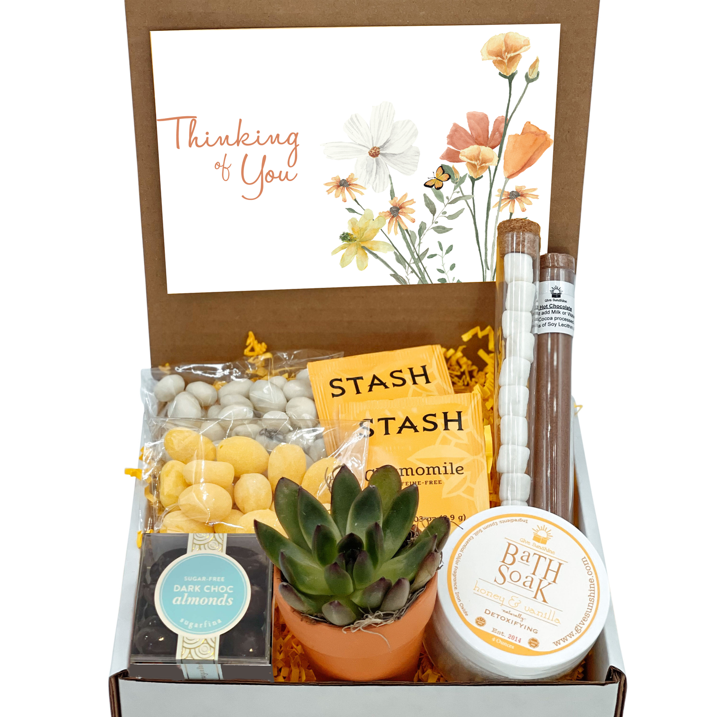 A gift box containing various items including a 'Sending you a little box of SUNSHINE' notecard, a 2.5-Inch Succulent in a Terra Cotta Pot, Honey & Vanilla Bath Soak, Dark Chocolate Covered Almonds, Hot Chocolate and Marshmallows, Lemon Drop Candies, Yogurt Covered Raisins, Chamomile Tea, and a 'Bit of Honey' candy.