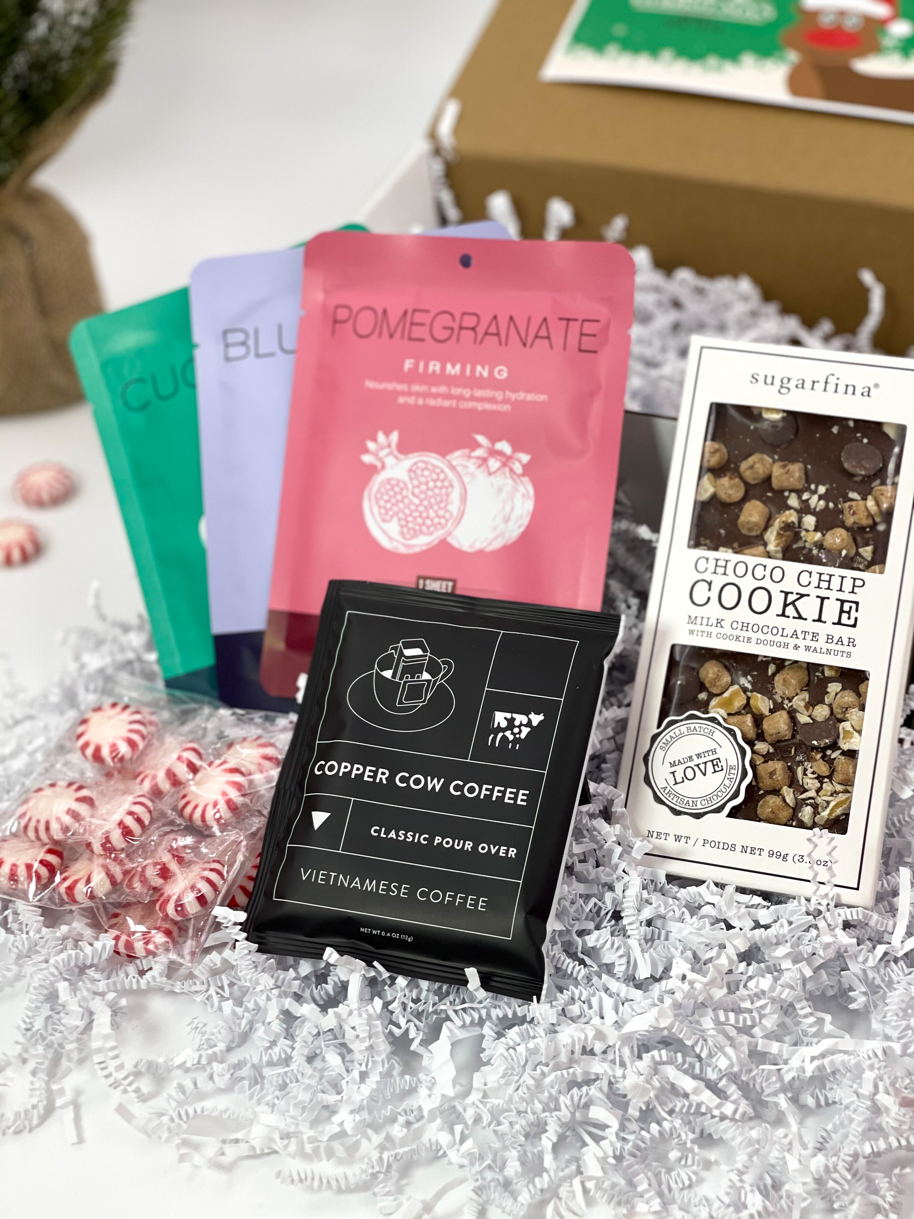 Happy Holiday Bundle (Chocolate Peppermint Bark Bar, 3 Spa Face Masks, Pour over coffee, Peppermints)