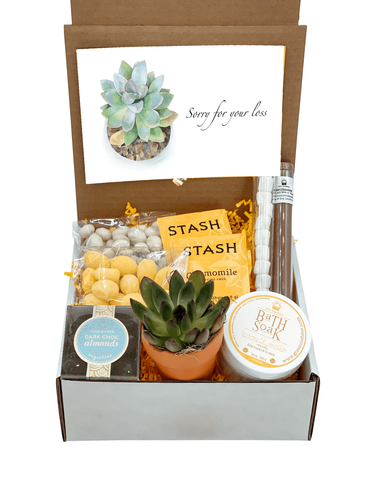 A gift box containing various items including a 'Sending you a little box of SUNSHINE' notecard, a 2.5-Inch Succulent in a Terra Cotta Pot, Honey & Vanilla Bath Soak, Dark Chocolate Covered Almonds, Hot Chocolate and Marshmallows, Lemon Drop Candies, Yogurt Covered Raisins, Chamomile Tea, and a 'Bit of Honey' candy.