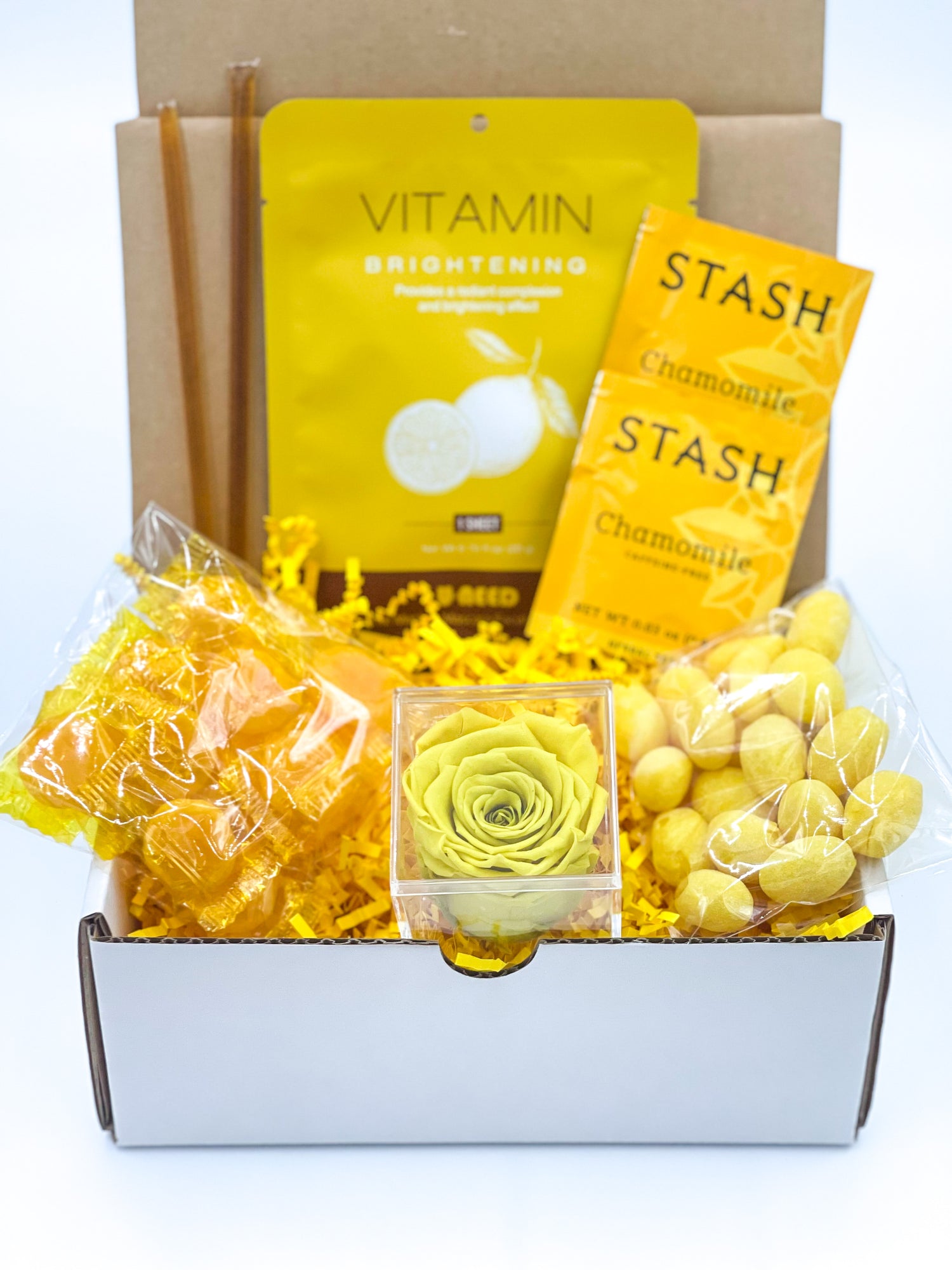 Bright Sunshine Bundle (Yellow Forever Rose - Lives 6 mo, Butterscotch, Lemon Drops, Tea, Honey, Spa Face Mask)