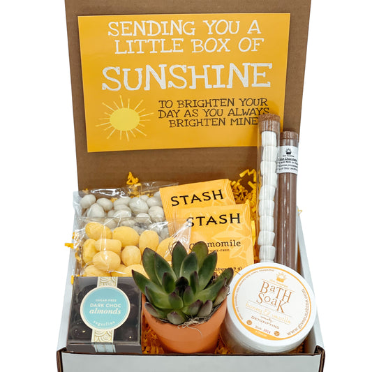 A gift box containing various items including a 'Sending you a little box of SUNSHINE' notecard, a 2.5-Inch Succulent in a Terra Cotta Pot, Honey & Vanilla Bath Soak, Dark Chocolate Covered Almonds, Hot Chocolate and Marshmallows, Lemon Drop Candies, Yogurt Covered Raisins, Chamomile Tea, and a 'Bit of Honey' candy.
